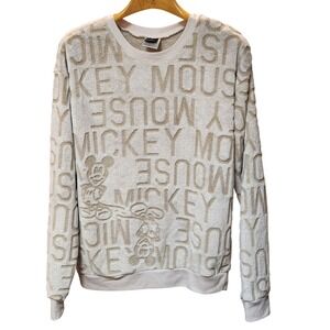 Disney Mickey Mouse Soft Fuzzy Sweatshirt Womens Large Tan Cream Cozy Top